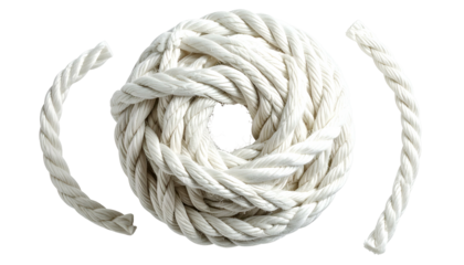 White coiled rope with two detached curved rope segments against a black background