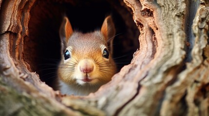 Curious red squirrel peering through a hollow log with bright attentive eyes and twitching ears
