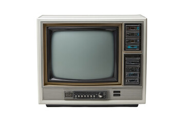 Vintage television set, light beige/gray, with dark brown accents.  Features a blank screen and various controls on the front