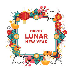 Obraz premium Dynamic Lunar New Year celebration frame illustration, showcasing traditional elements: dragon, tiger, lanterns, firecrackers, and plum blossoms.