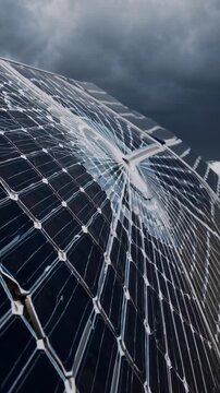 Solar parabolic concentrator arrays reflecting a dark and stormy sky, highlighting the advanced technology used for sustainable and clean renewable energy generation