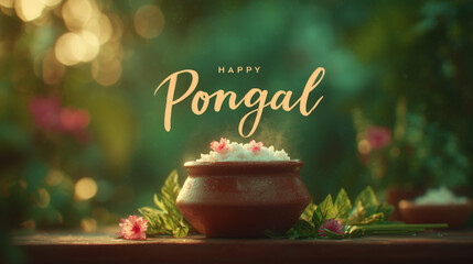 happy pongal festival greeting with traditional clay pot filled with steaming rice and flowers, festive harvest celebration in india, warm bokeh lights, holiday banner