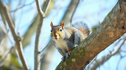 Obraz premium Curious Red Squirrel Perched on a Mossy Branch Amid Bare Winter Trees In Morning Light