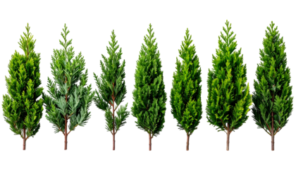 Seven evergreen trees of varying fullness and heights against a transparent background