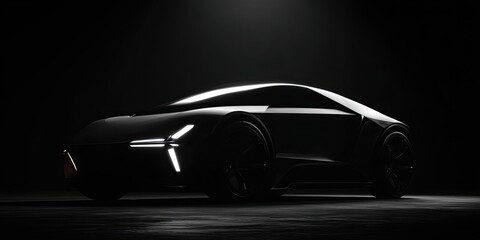Sleek, dark car with white headlights in a dark studio, illuminated