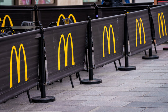 LONDON, UK. 16th  February 2025. McDonald&rsquo;s logo on cafe.  McDonald's Corporation, doing business as McDonald's, is an American multinational fast food restaurant chain.