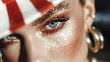 close up female eyes with creative circus inspired makeup, glossy skin and colorful glitter shadows, artistic beauty portrait with dramatic eyelashes and vibrant light