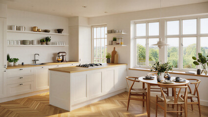 Modern kitchen interior with island breakfast bar and wooden dining table by large window