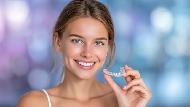 87Woman with flawless smile presenting transparent aligner device in hand, modern background with soft gradients highlighting oral hygiene and aesthetic dentistry