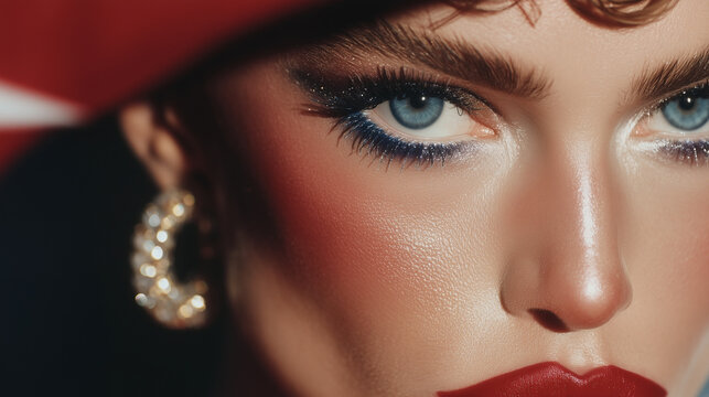 close up female eyes with creative circus inspired makeup, glossy skin and colorful glitter shadows, artistic beauty portrait with dramatic eyelashes and vibrant light