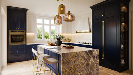 Modern kitchen interior with marble island and dark wood cabinets and gold lighting fixtures