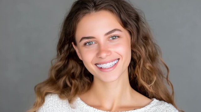 92Portrait of smiling woman showing clear aligner device, teeth perfectly aligned and white, representing orthodontic treatment and premium oral hygiene care