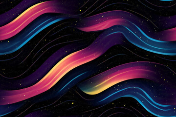Seamless Pattern with Vibrant Colorful Flowing Waves on Dark Starry Background