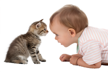Small kitten sitting near a baby without direct contact. Safe family moment showing trust and calm companionship, isolated PNG.