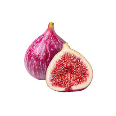 Close-up of two figs, one whole and one halved, showcasing vibrant purple-pink hues and intricate patterns.  The halved fig reveals a juicy interior