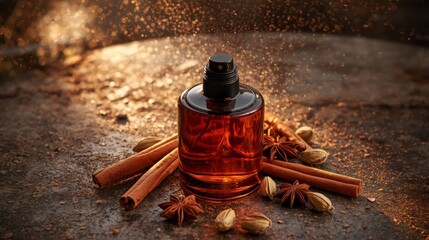 a perfume bottle without a label or inscription, placed on a weathered stone surface that radiates timeless sophistication