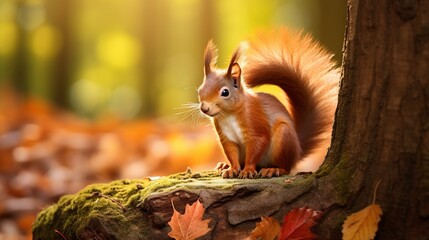 Curious Red Squirrel Perched on Mossy Log in a Quiet Autumn Forest Scene