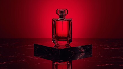 an elegant perfume bottle positioned on a polished black marble surface with mirror-like reflections