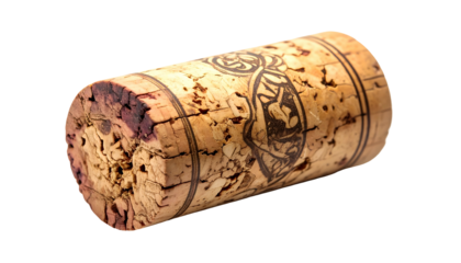 A close-up of a used cylindrical cork, with a decorative motif, set against black