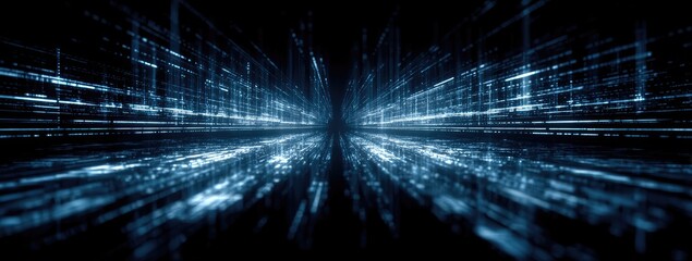 Abstract Lines converge to a point in a blue glowing, futuristic cityscape