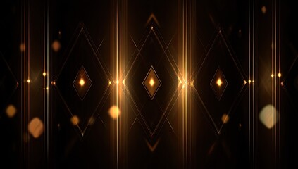 Glowing geometric art deco pattern with shimmering bokeh on dark backdrop