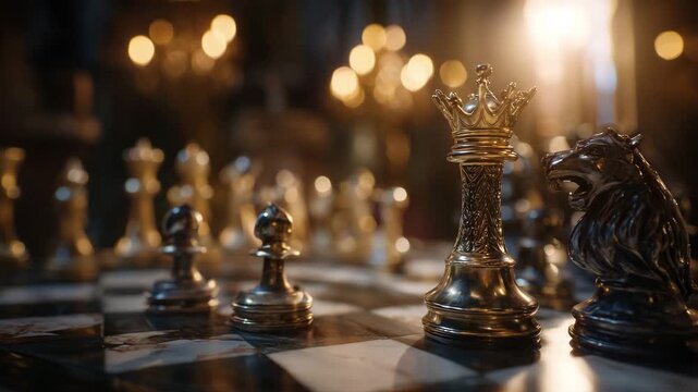 96Macro shot of chess pieces confronting each other across the board, highlighting tactical planning and the mental challenge of strategic gameplay under moody cinematic lighting