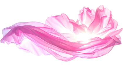 Translucent pink fabric floats with ethereal glow against a black background