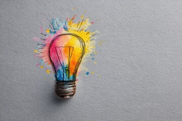 Artistic lightbulb sketch, painted with vibrant watercolor splashes on gray paper