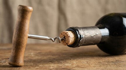 A highly detailed corkscrew inserted into a wine bottle cork