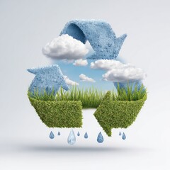 Recycle symbol filled with earth, grass, sky, clouds, raindrops. Clean