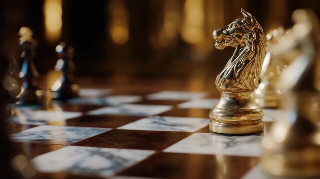 99Close-up view of a chessboard mid-game, pieces arranged in a complex strategic pattern, representing focus, planning, and the competitive pursuit of victory