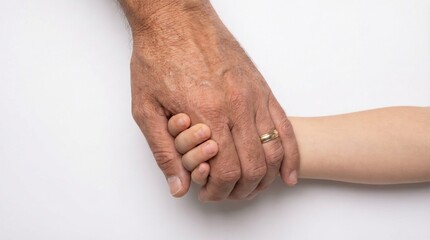 Dad's hand holding his daughter's hand on a white background