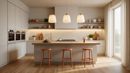 Modern kitchen with island and red stools and large window