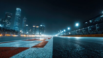 Racing track at night with city skyline