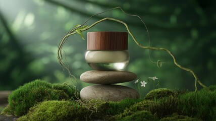 an elegant cosmetic bottle with a rich walnut wooden cap