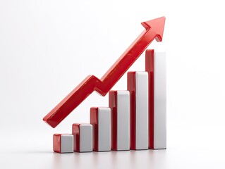 Glossy red arrow trends upward on a white bar graph, indicating growth