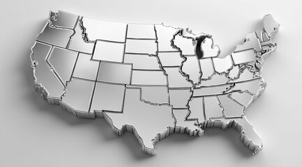 Metallic map of the contiguous US, showcasing state borders in silver relief