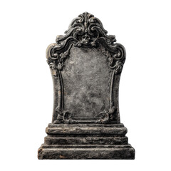 Ornate, weathered tombstone, dark gray stone, decorative frame, empty inscription, isolated on black