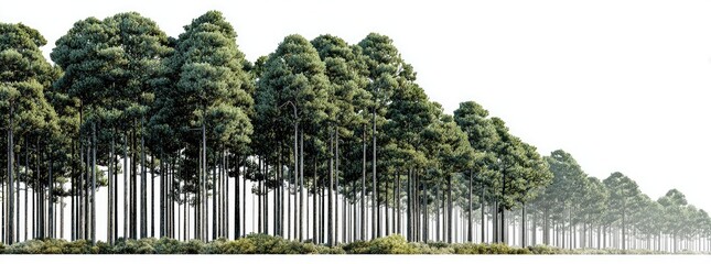 Forest edge with tall trees in a row against a white background