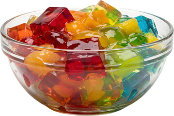 Glass bowl filled with colorful fruit jelly cubes isolated on white background perfect for kids dessert menus and sweet snack food photography.