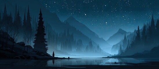 Starry night over calm lake, silhouetted mountains and trees in cold tones