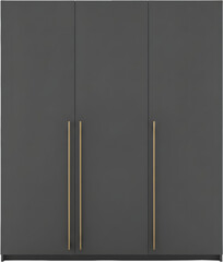 Modern dark grey wardrobe cabinet with gold handles isolated on white background ideal for interior design furniture catalogs and bedroom storage organization concepts.