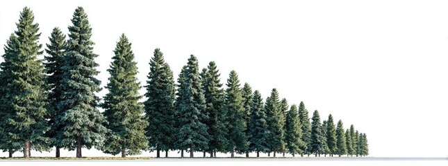 Row of evergreen trees getting smaller, set against a white background