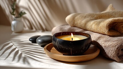 Tranquil Spa Setting with Candle, Stones, and Soft Towels for Relaxation and Wellness