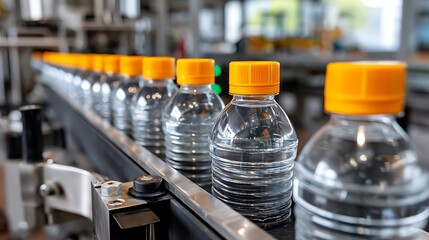 Bottled Water Production Process with Orange Caps in a Modern Factory Setting