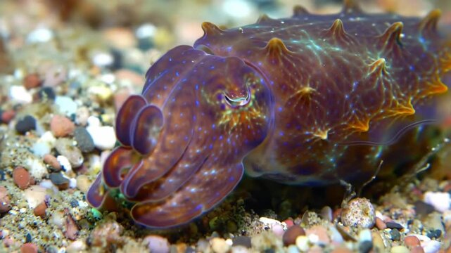 Cuttlefish displays colorful camouflage in ocean, resting on the seabed with blurred rocks for nature images