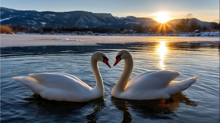 Two Elegant Swans Gaze at Each Other in Tranquil Waters During Sunset Reflection