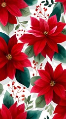 Vibrant Red Floral Pattern with Green Leaves and Berries for Decorative Use