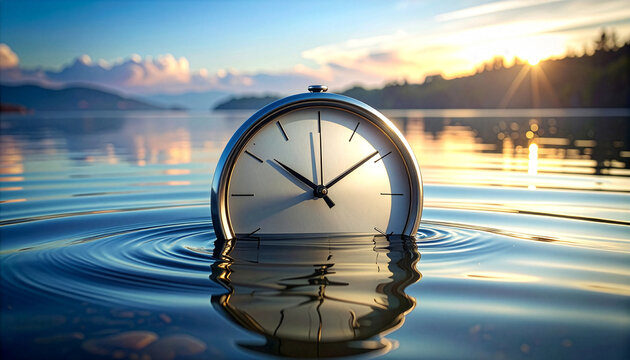 Vintage clock partially submerged in serene lake water at sunset - Powered by Adobe