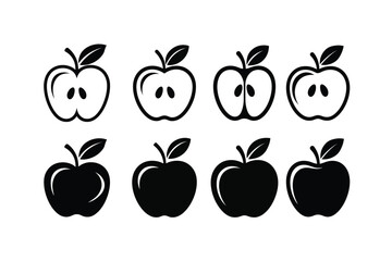 black apple icons set vector silhouette whole and sliced fruit symbols minimal flat design isolated on white background!